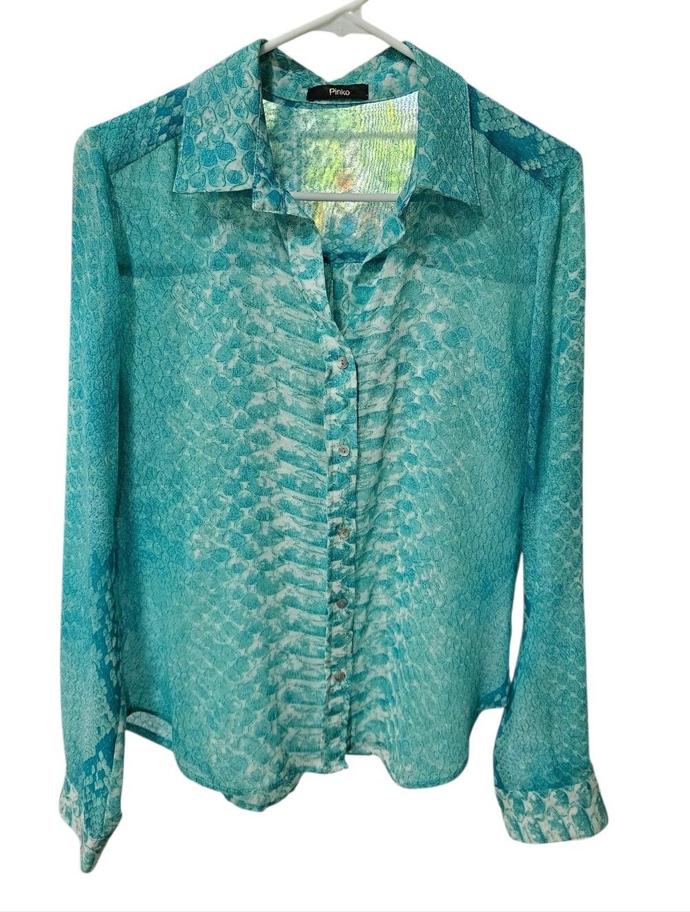 PINKO Silk Sheer Snake Reptile Print Button Blouse Top Turquoise Teal Sz 12 L/XL